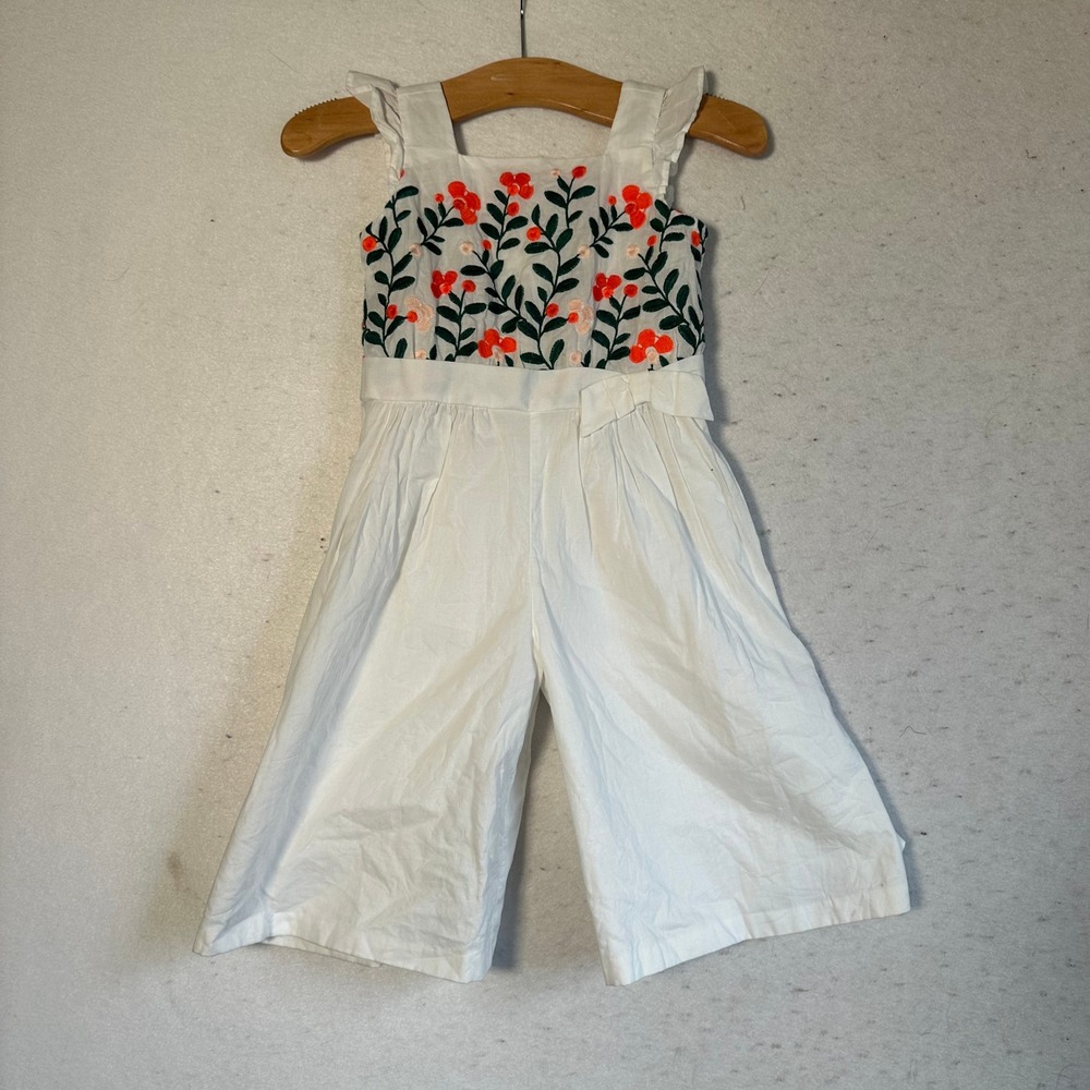 Janie and Jack Toddler Girls White Floral Embroidered Ruffle Bow Jumpsuit 2T
